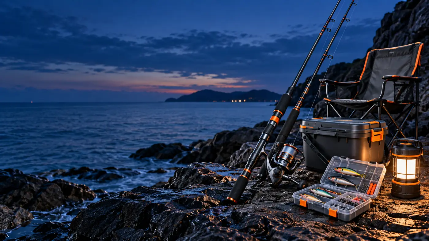 fishing tackle arranged in a blue-hour shoreline