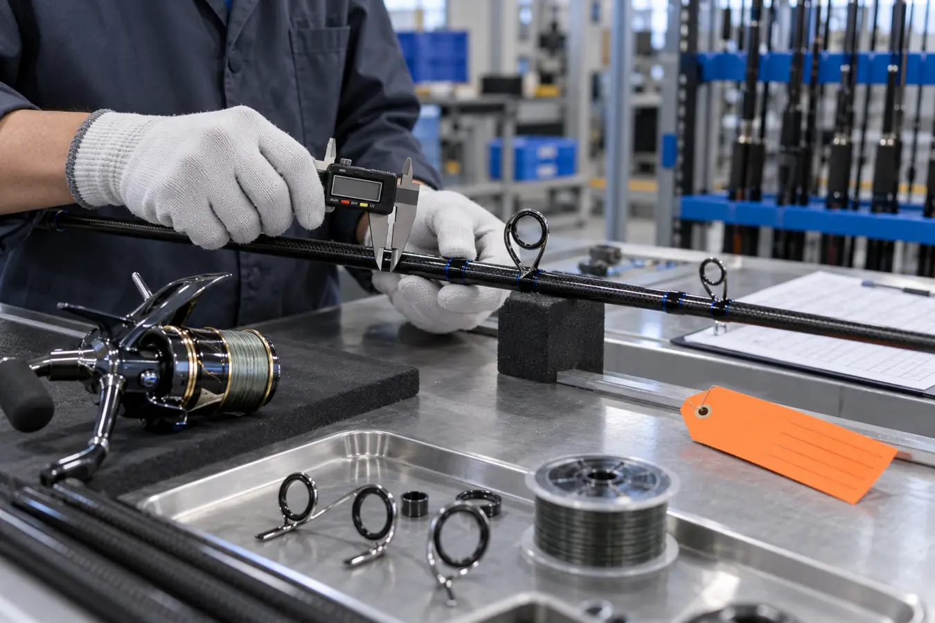 Technician inspecting fishing tackle at a quality desk